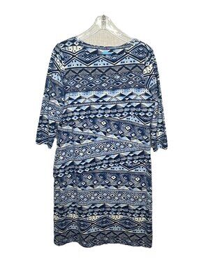 J McLaughlin Catalina Cloth Dress XL Blue Print 3/4 Sleeve Stretch Travel